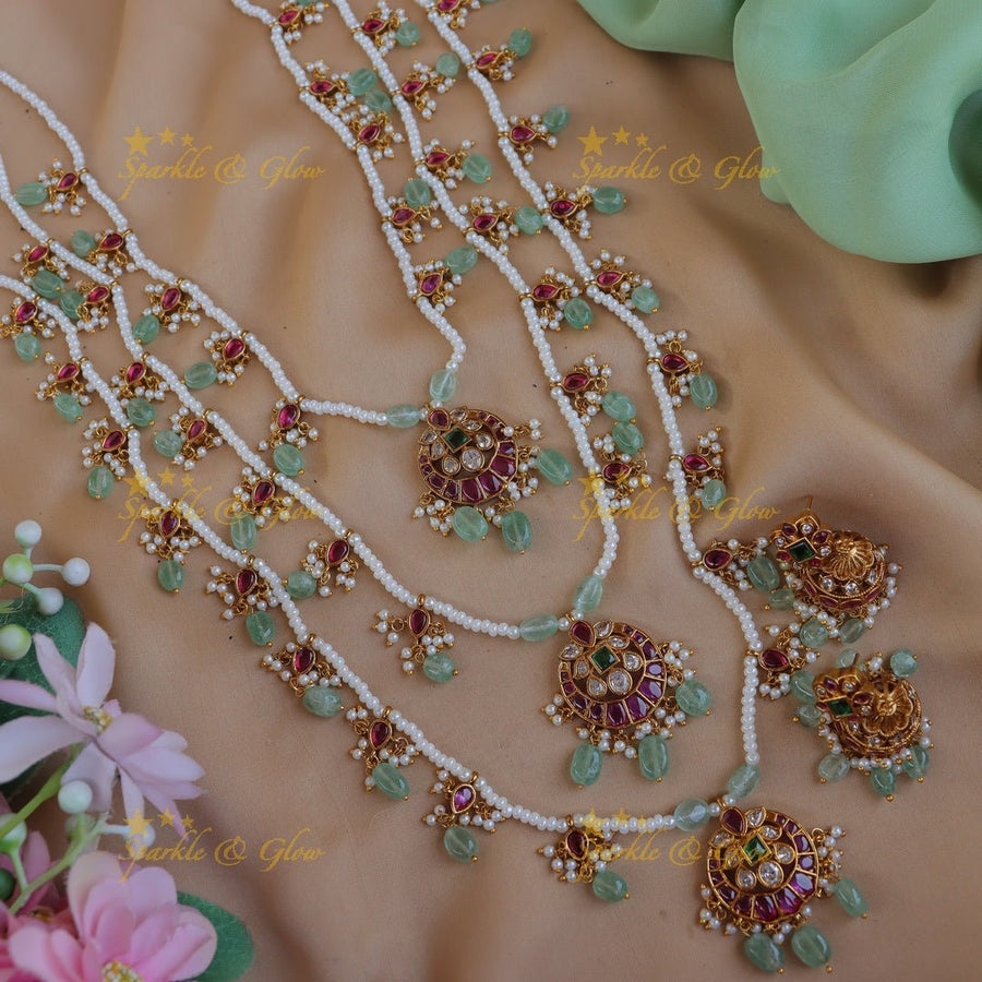 Stunning Jadau Replica Half moon Floral carved Theenlada Rani Haram - Sparkle and Glow - Back Thread - 
