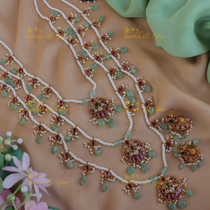 Stunning Jadau Replica Half moon Floral carved Theenlada Rani Haram - Sparkle and Glow - Back Thread - 