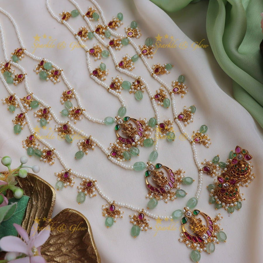 Stunning Jadau Replica Half moon Lakshmi carved Theenlada Rani Haram - Sparkle and Glow - Back Thread - 