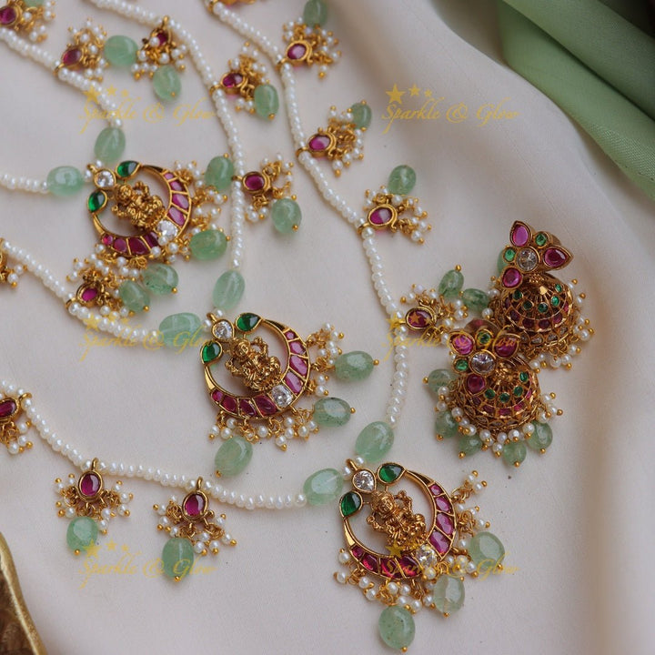 Stunning Jadau Replica Half moon Lakshmi carved Theenlada Rani Haram - Sparkle and Glow - Back Thread - 