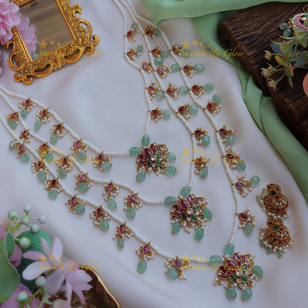 Stunning Jadau Replica Lotus Floral carved Theenlada Rani Haram - Sparkle and Glow - Back Thread - 