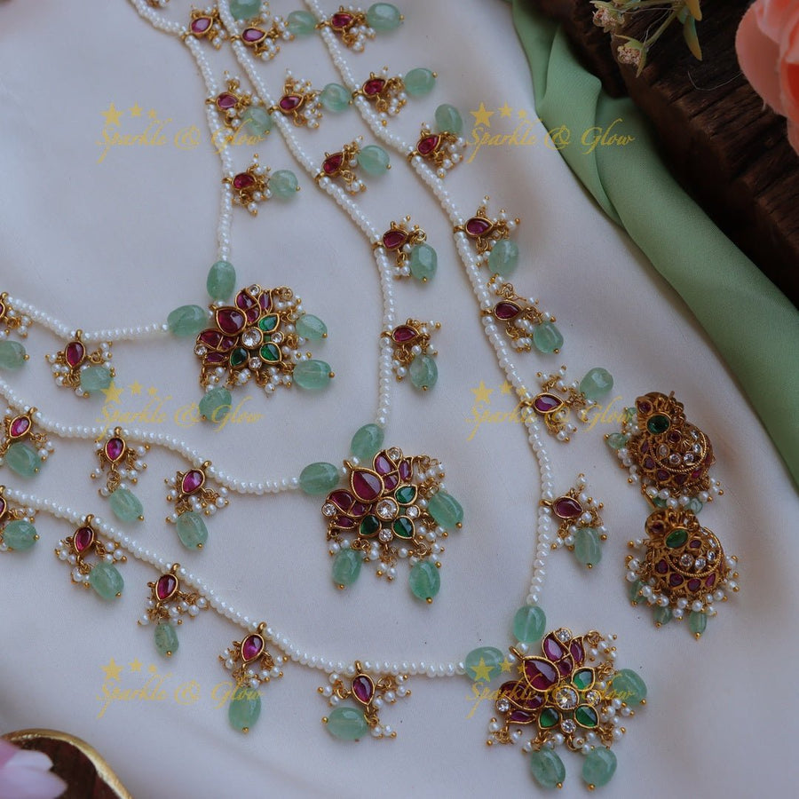 Stunning Jadau Replica Lotus Floral carved Theenlada Rani Haram - Sparkle and Glow - Back Thread - 
