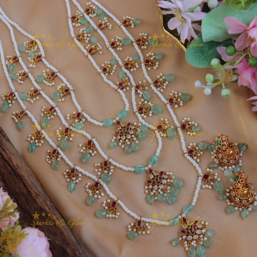 Stunning Jadau Replica Bindi Floral carved Theenlada Rani Haram - Sparkle and Glow - Back Thread - 