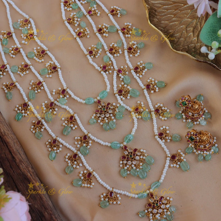 Stunning Jadau Replica Bindi Floral carved Theenlada Rani Haram - Sparkle and Glow - Back Thread - 