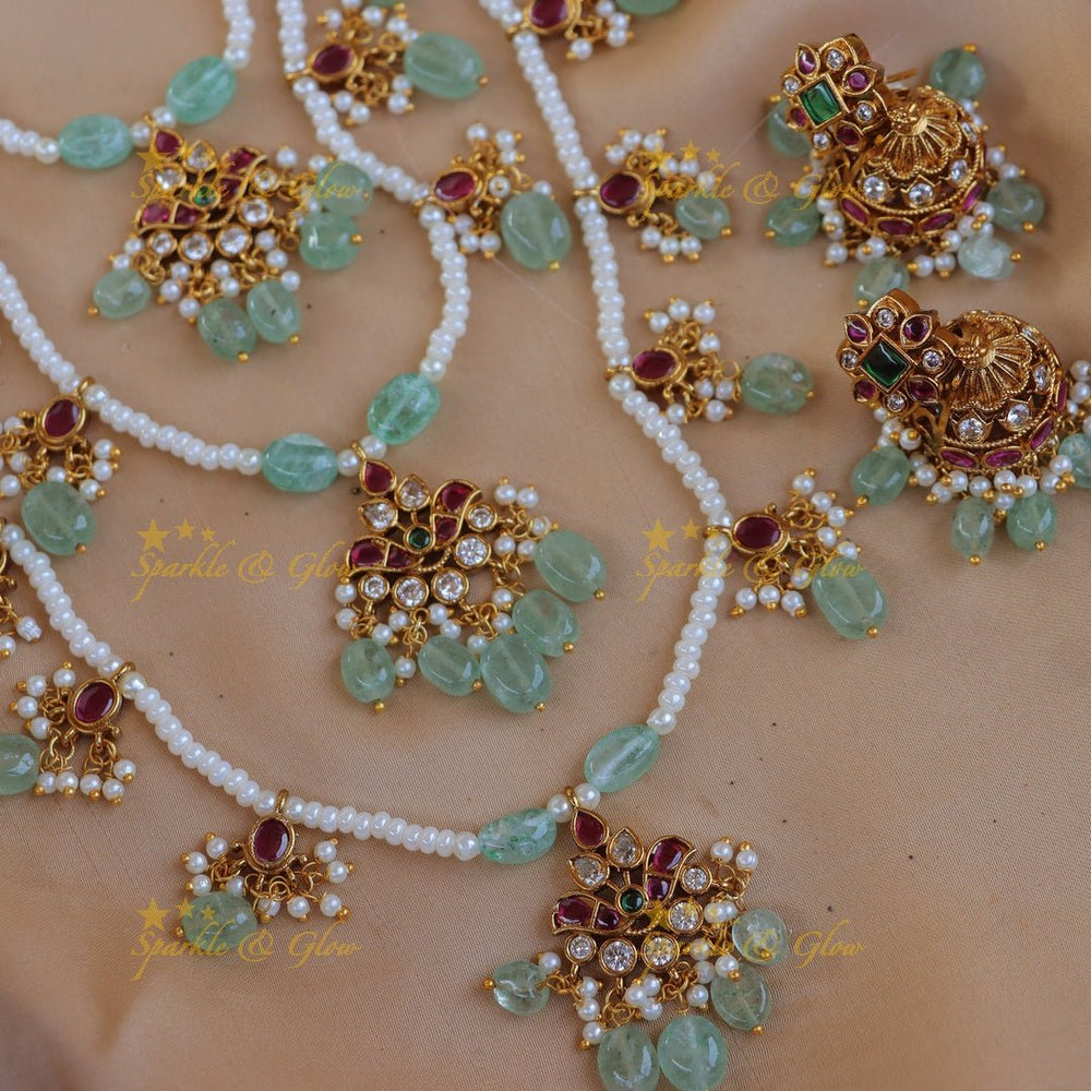 Stunning Jadau Replica Bindi Floral carved Theenlada Rani Haram - Sparkle and Glow - Back Thread - 