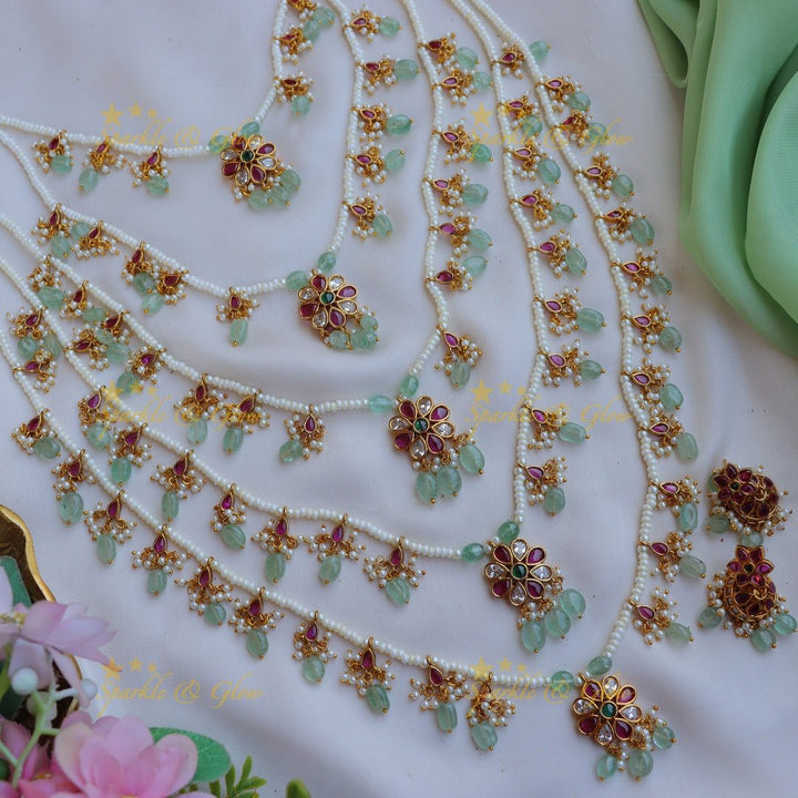 Stunning Jadau Replica Star Floral carved Panchalada Rani Haram - Sparkle and Glow - Back Thread - 