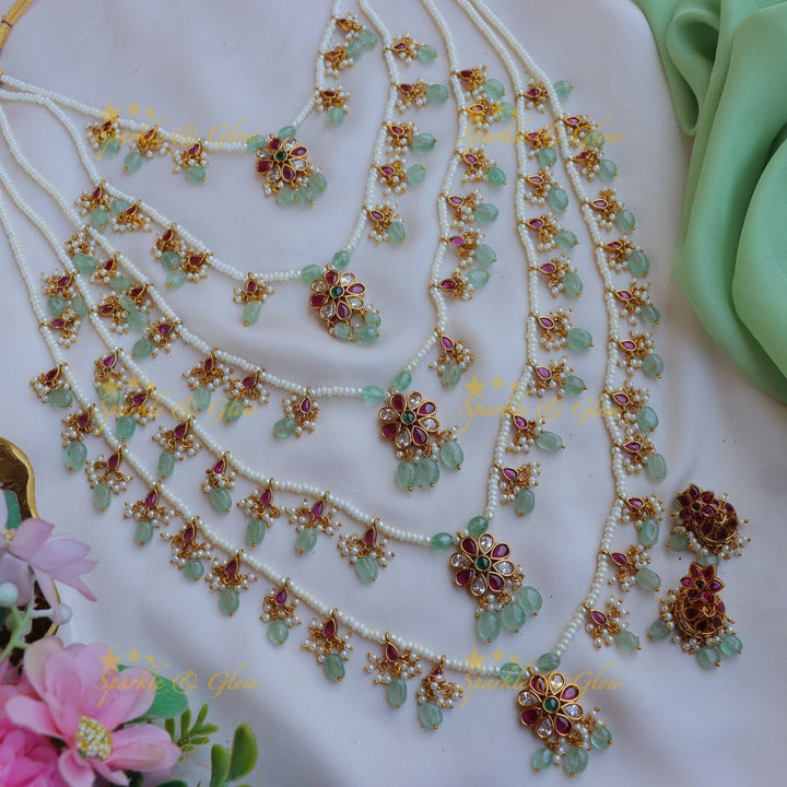 Stunning Jadau Replica Star Floral carved Panchalada Rani Haram - Sparkle and Glow - Back Thread - 