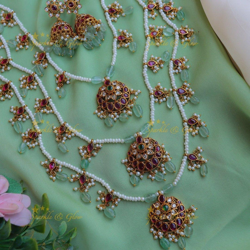 Stunning Jadau Replica Half moon Floral carved Theenlada Rani Haram - Sparkle and Glow