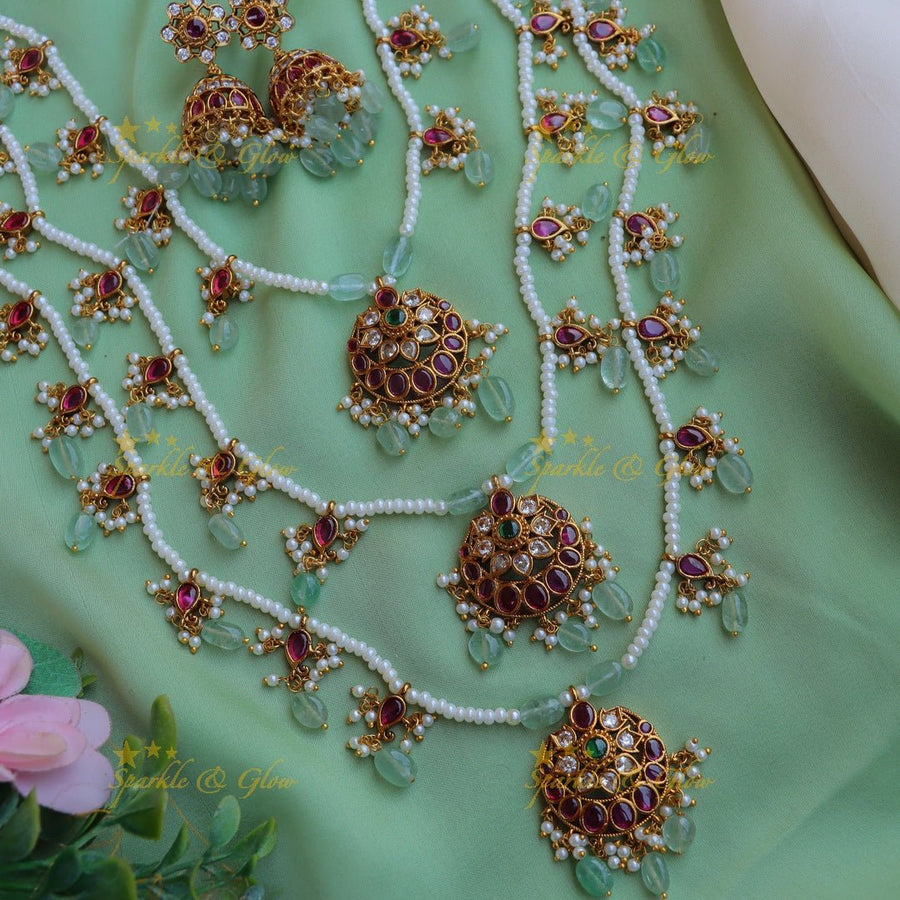 Stunning Jadau Replica Half moon Floral carved Theenlada Rani Haram - Sparkle and Glow - Back Thread - 