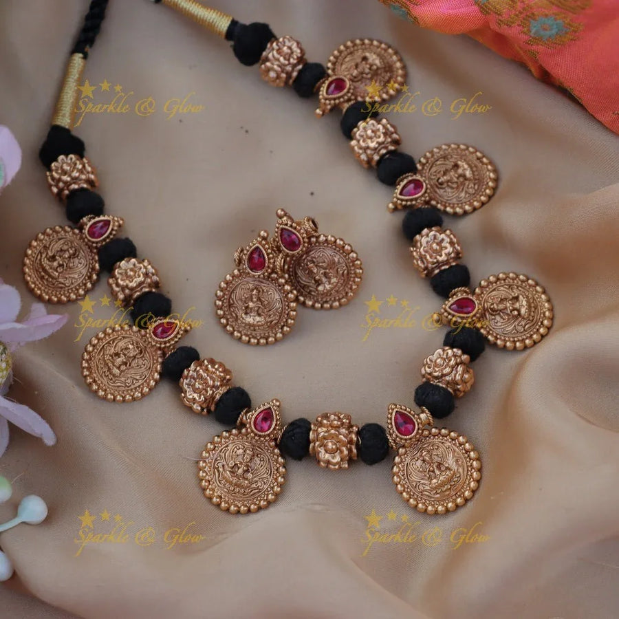 Elegant Idol Lakshmi gold Ball beaded Thread short necklace - Sparkle and Glow