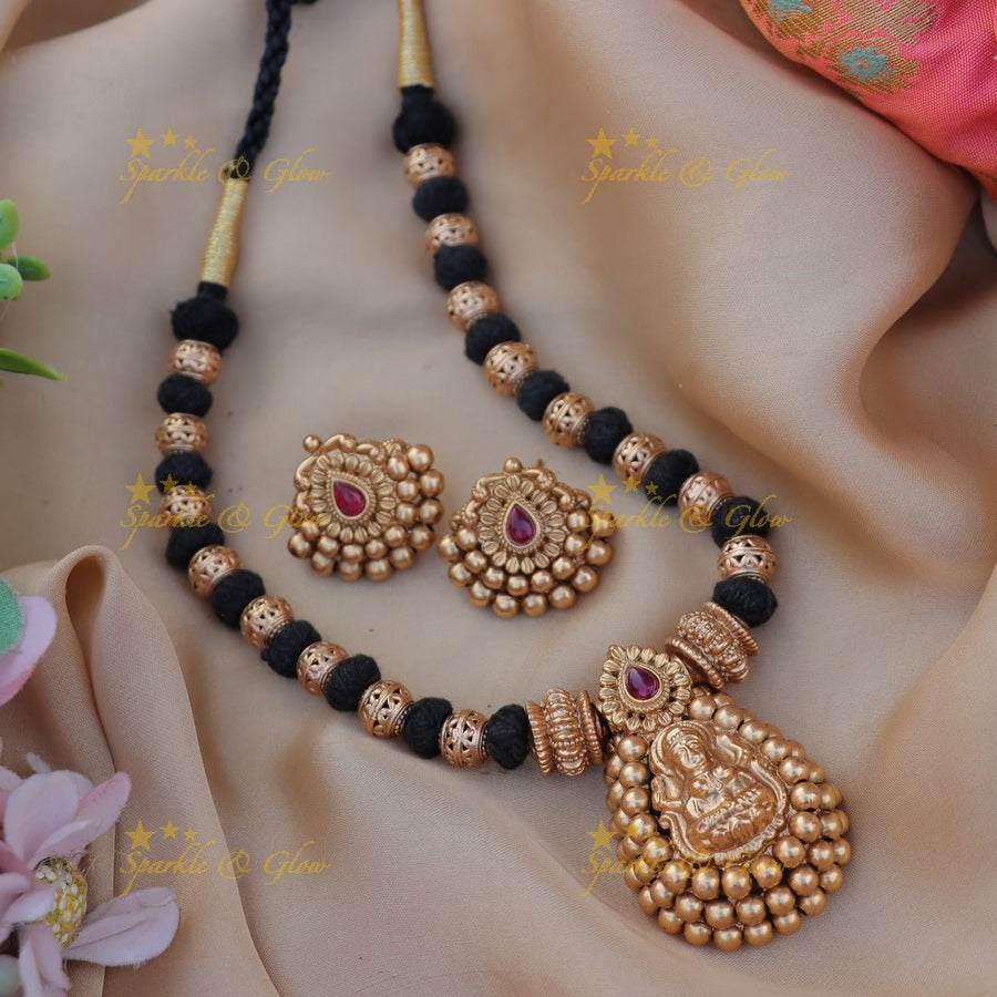 Stunning Idol Lakshmi pendant carved Thread short necklace - Sparkle and Glow - 
