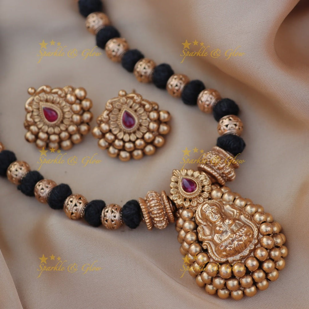 Stunning Idol Lakshmi pendant carved Thread short necklace - Sparkle and Glow - 