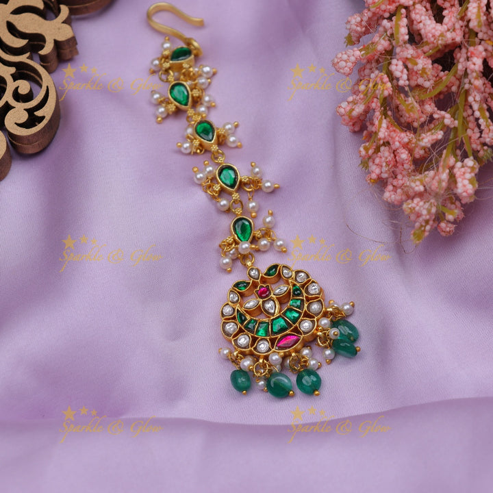 Stunning Jadau Kundan Half moon Floral design Maangtikka with green beads