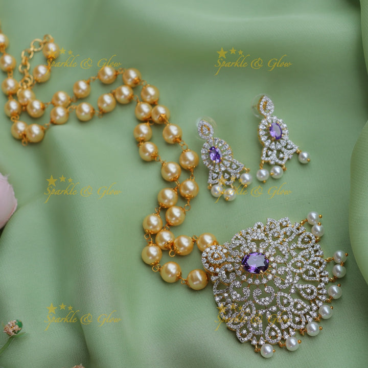Gracious GJ polish Mango Floral pendant chain with pearls-Purple