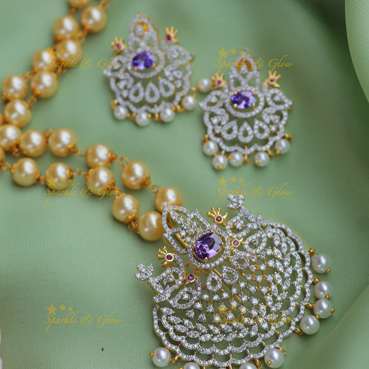 Sparkling GJ polish Crown Peacock carved pendant chain with pearls-Purple