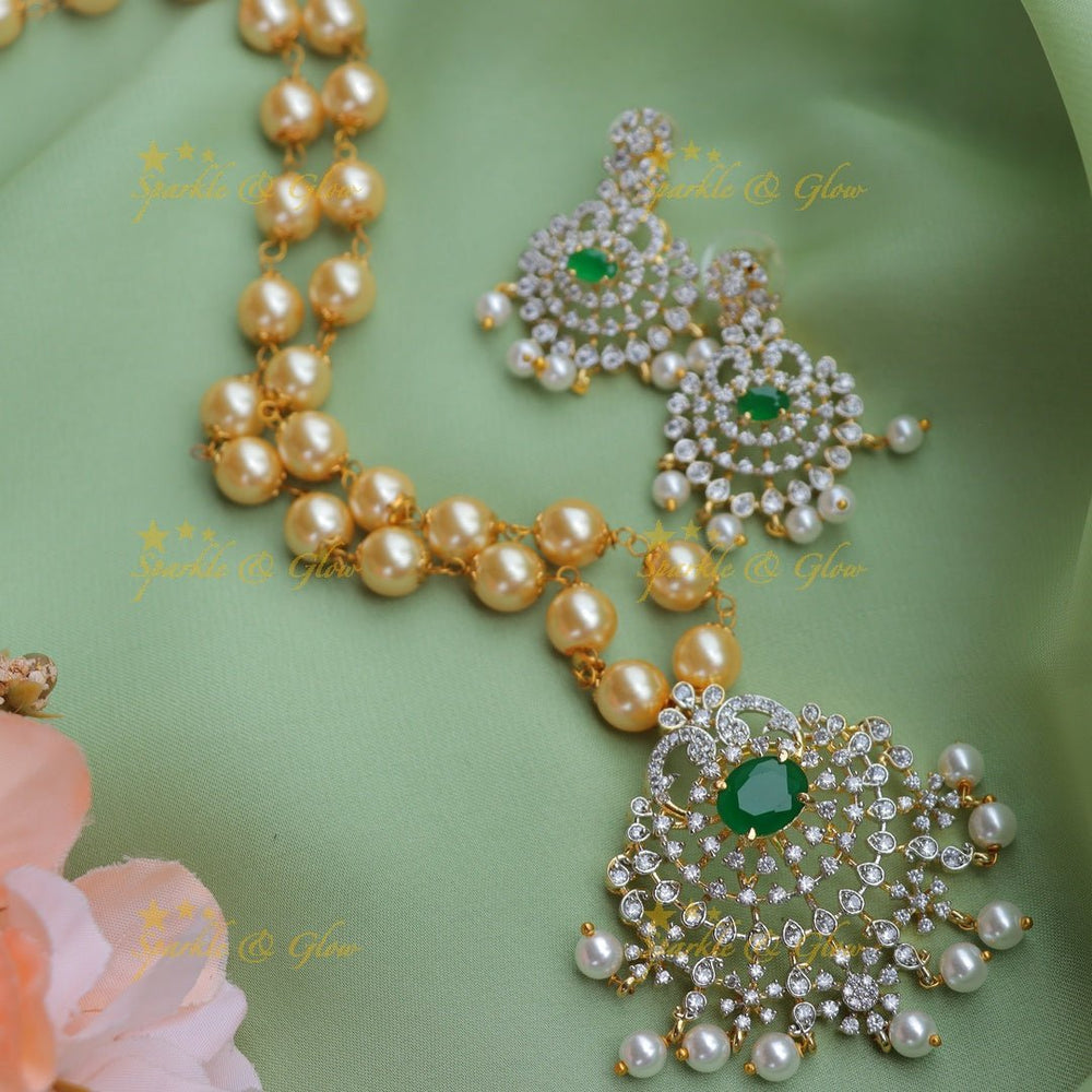 Beautiful GJ polish Peacock Floral carved pendant chain with pearls - Green - Sparkle and Glow - 