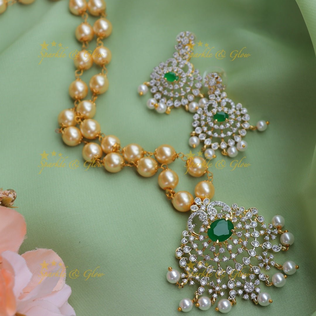 Beautiful GJ polish Peacock Floral carved pendant chain with pearls - Green - Sparkle and Glow - 