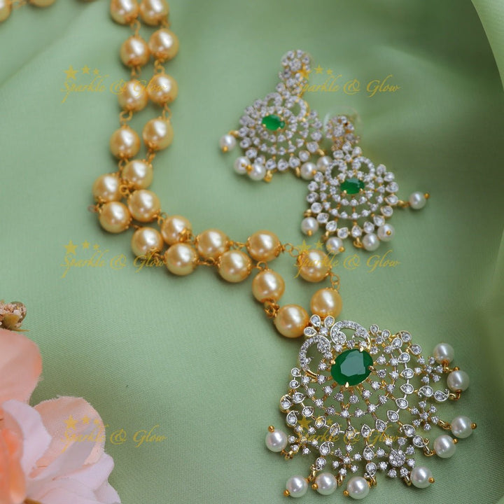 Beautiful GJ polish Peacock Floral carved pendant chain with pearls - Green - Sparkle and Glow - 