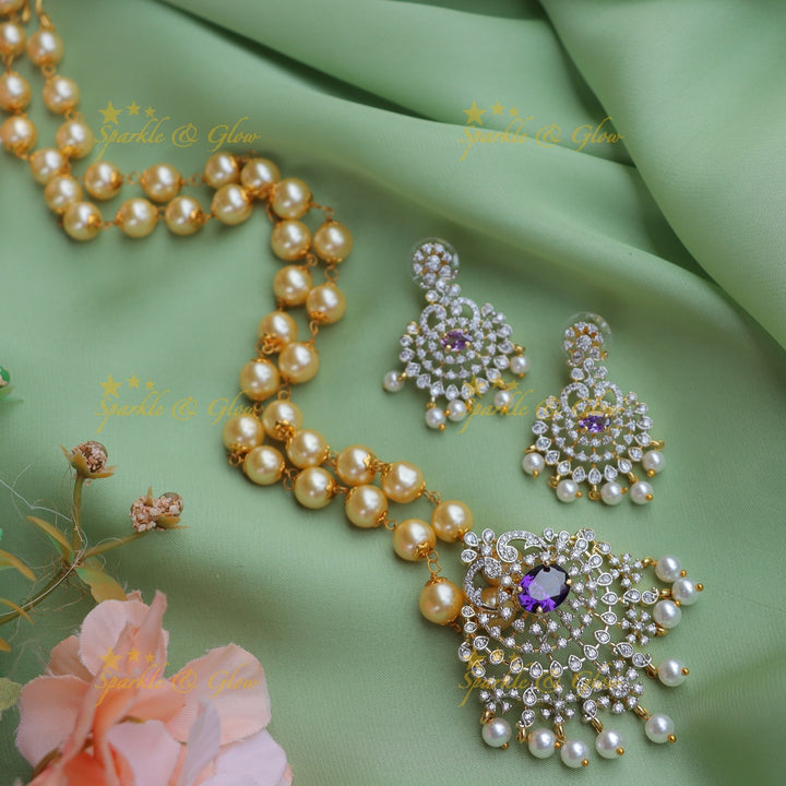 Beautiful GJ polish Peacock Floral carved pendent chain with pearls-Purple