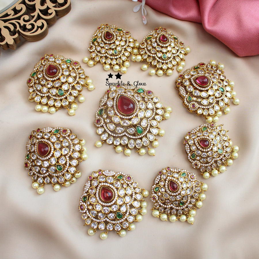 Bridal Jada Billa Set – Kundan, Ruby & Pearl Hair Ornaments (9 Pieces) - Sparkle and Glow