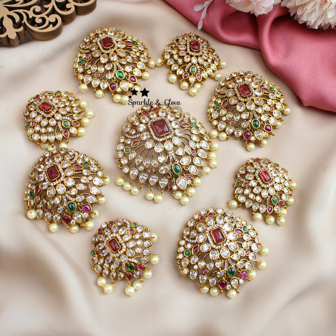 Kundan Bridal Jadabilla Set – Ruby, Green & Pearl Hair Jewelry (9 Pieces) - Sparkle and Glow
