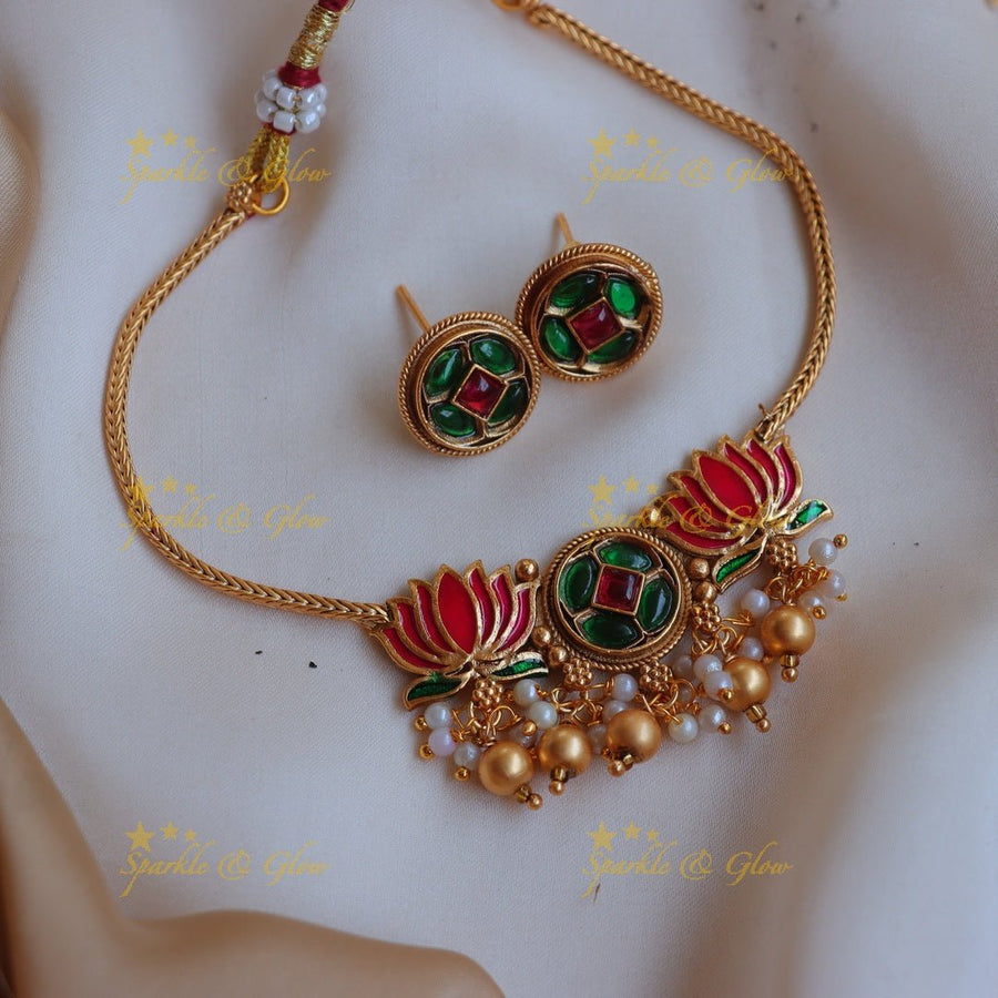 Beautiful Lotus Floral carved short necklace - Sparkle and Glow - 