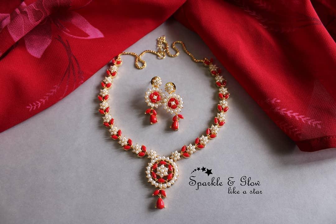 Flower and leaf design AD stone necklace - Multi - Sparkle and Glow