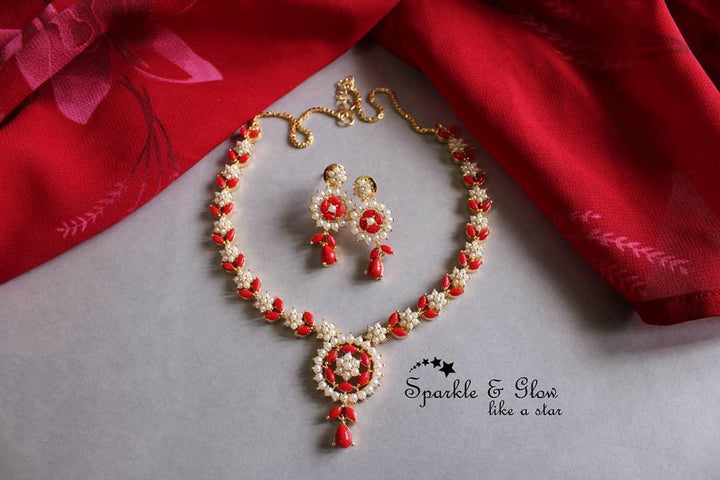 Flower and leaf design AD stone necklace - Multi - Sparkle and Glow