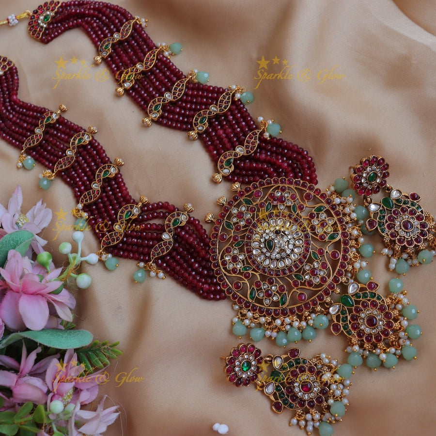 Grand Peacock Floral carved Haram with Multilayered red beads - Sparkle and Glow - 