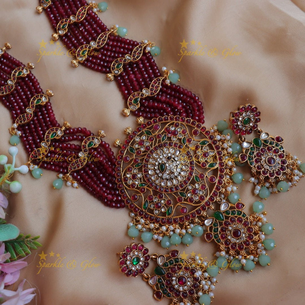 Grand Peacock Floral carved Haram with Multilayered red beads - Sparkle and Glow - 