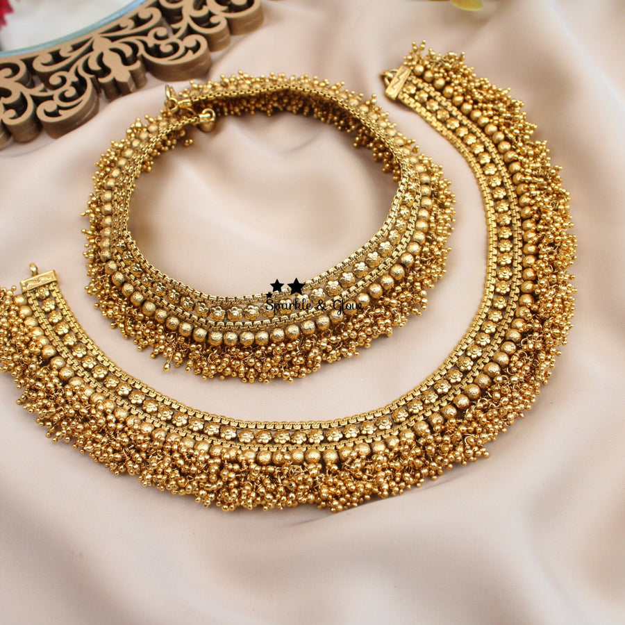 Traditional South Indian Style Antique Gold alike Heavy Bridal Anklets - Sparkle and Glow - 