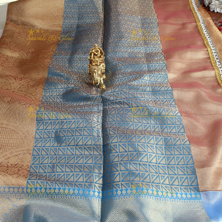 Elegant Golden Beige Banarasi kanjivaram silk Saree with Sky Blue Zari Weave & Pearl Lace Border - Sparkle and Glow - 