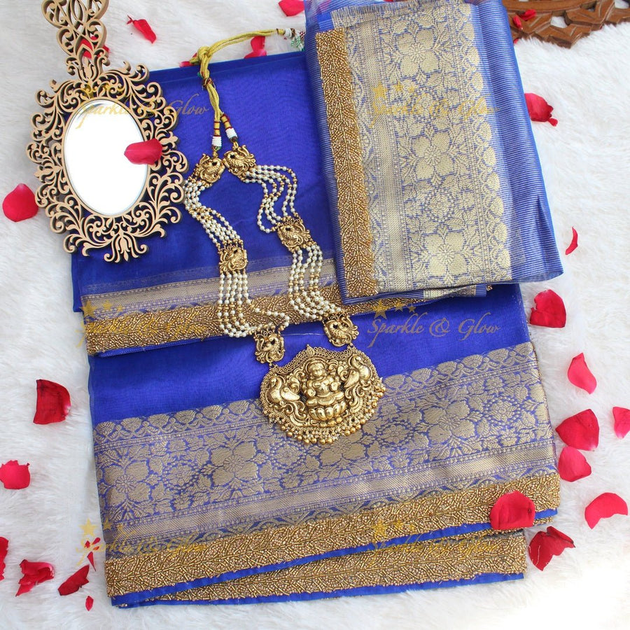 Royal Blue Banarasi Tissue handwork Silk Saree with Antique Gold Zari Weaving - Sparkle and Glow - 