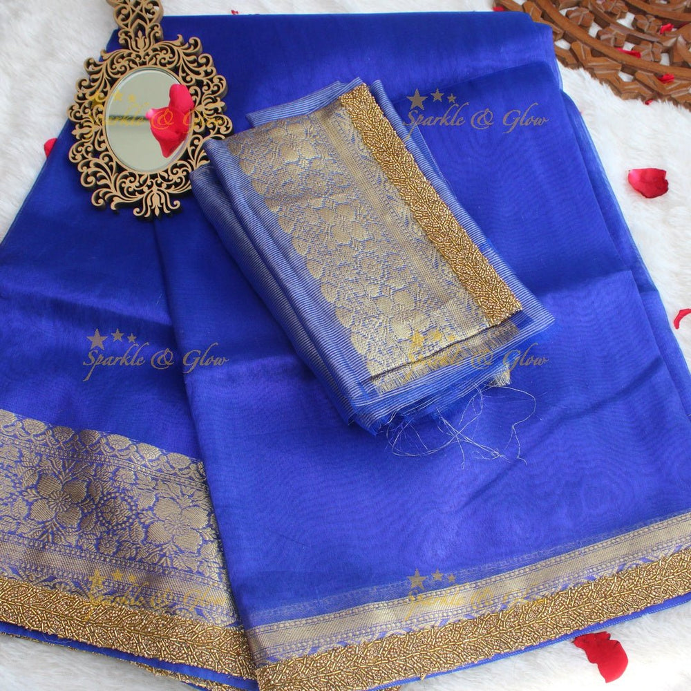 Royal Blue Banarasi Tissue handwork Silk Saree with Antique Gold Zari Weaving - Sparkle and Glow - 