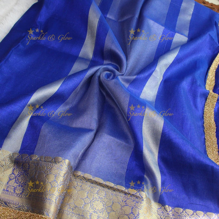 Royal Blue Banarasi Tissue handwork Silk Saree with Antique Gold Zari Weaving - Sparkle and Glow - 
