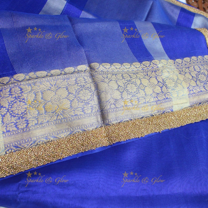 Royal Blue Banarasi Tissue handwork Silk Saree with Antique Gold Zari Weaving - Sparkle and Glow - 