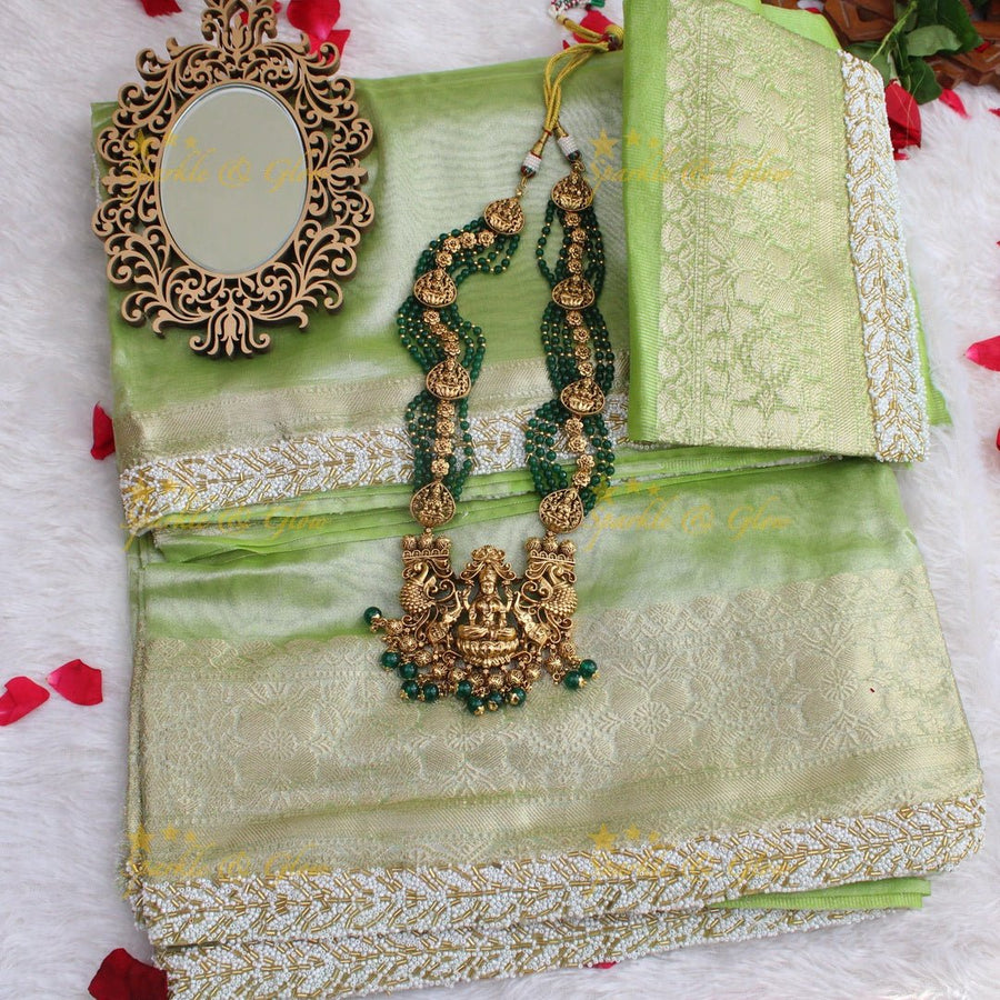 Pistachio Green Tissue handwork Silk Saree with Ivory - Gold Zari Weaving - Sparkle and Glow - 