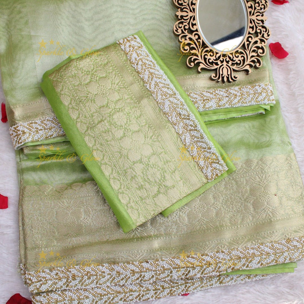 Pistachio Green Tissue handwork Silk Saree with Ivory - Gold Zari Weaving - Sparkle and Glow - 
