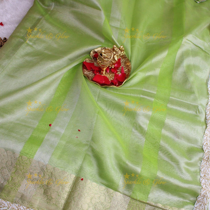 Pistachio Green Tissue handwork Silk Saree with Ivory - Gold Zari Weaving - Sparkle and Glow - 