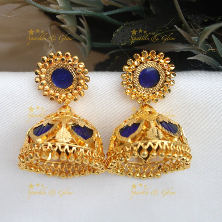 Gold - alike Kerala style Palaka Bridal Jhumka - Sparkle and Glow - Royal Blue - 
