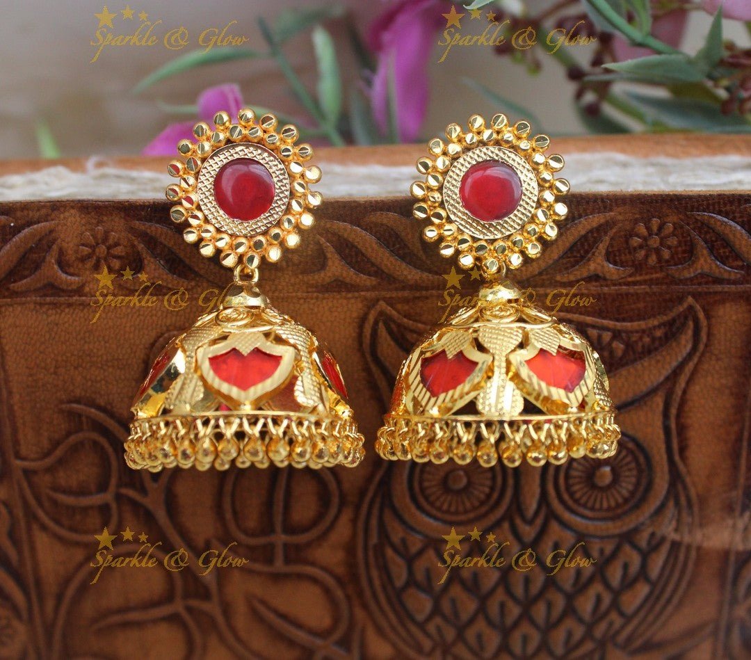 Gold - alike Kerala style Palaka Bridal Jhumka - Sparkle and Glow - Red - 