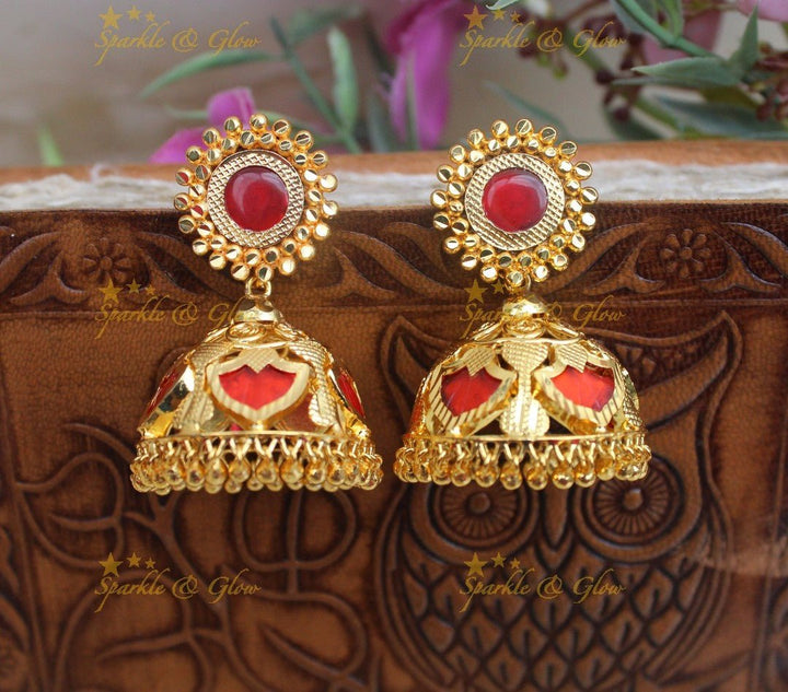 Gold - alike Kerala style Palaka Bridal Jhumka - Sparkle and Glow - Red - 