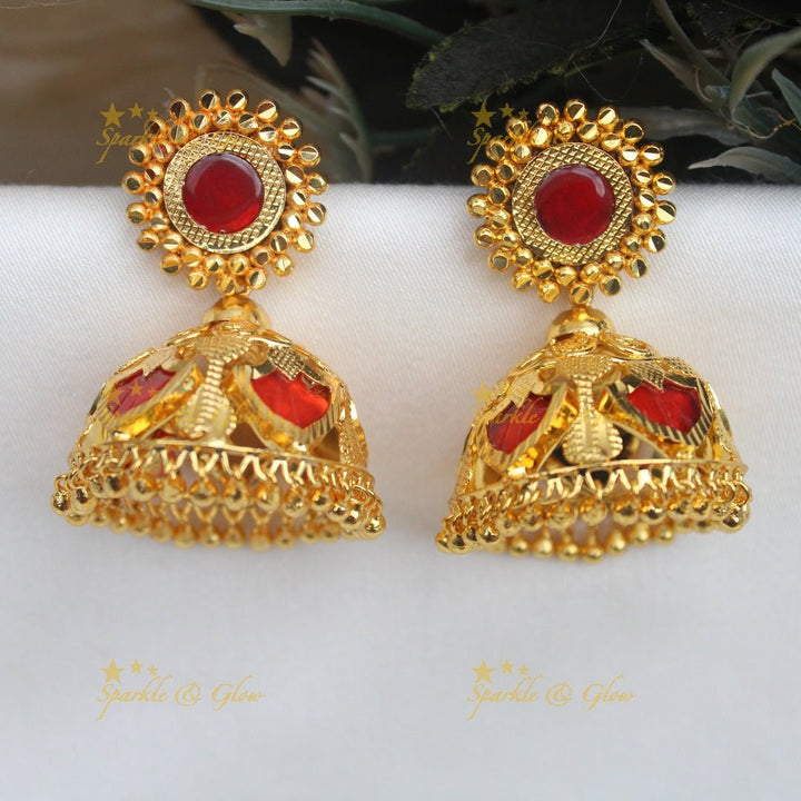 Gold - alike Kerala style Palaka Bridal Jhumka - Sparkle and Glow - Royal Blue - 