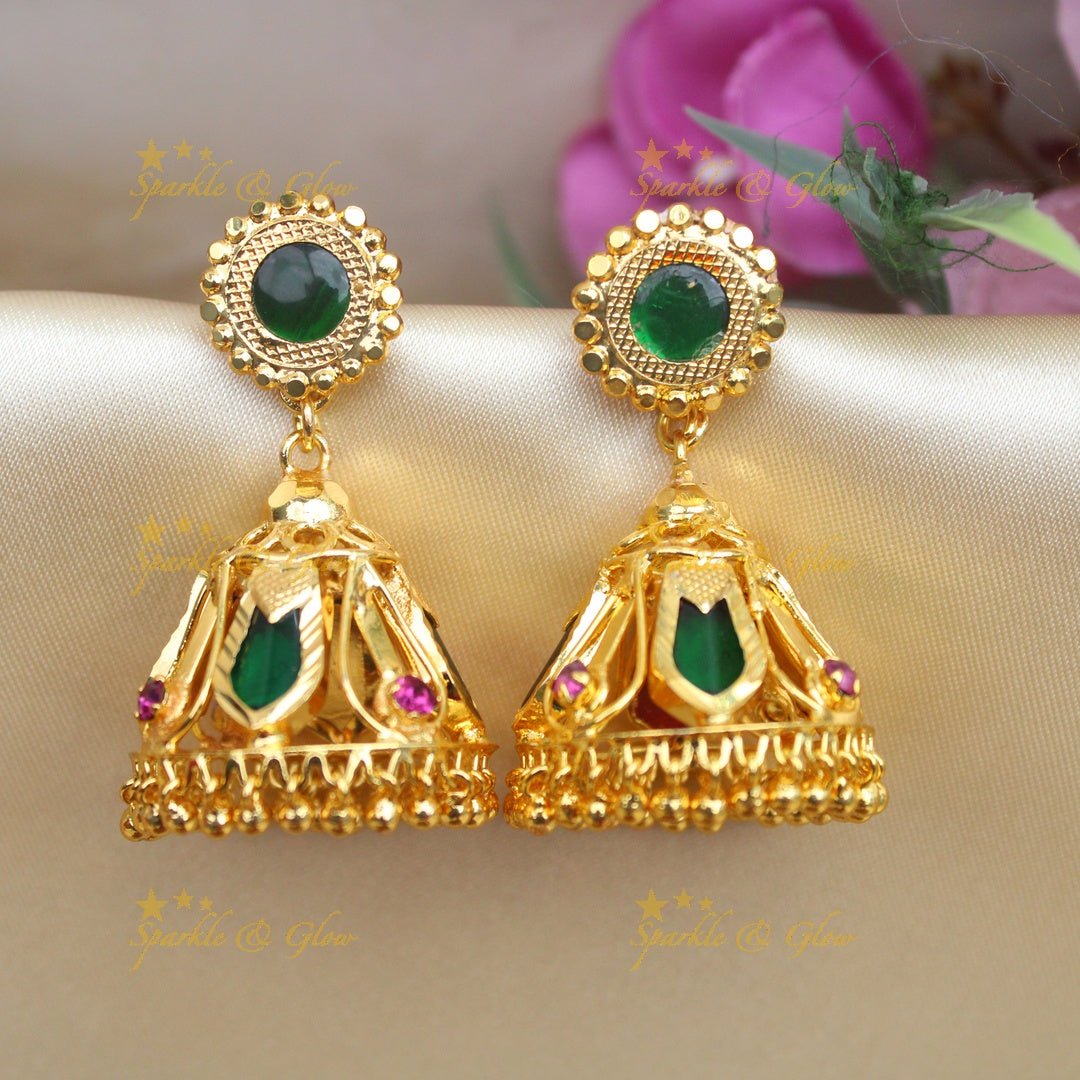 Stunning Kerala style Gold - alike Leaf Jhumka - Sparkle and Glow - Green - 