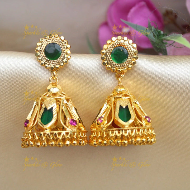 Stunning Kerala style Gold - alike Leaf Jhumka - Sparkle and Glow - Green - 