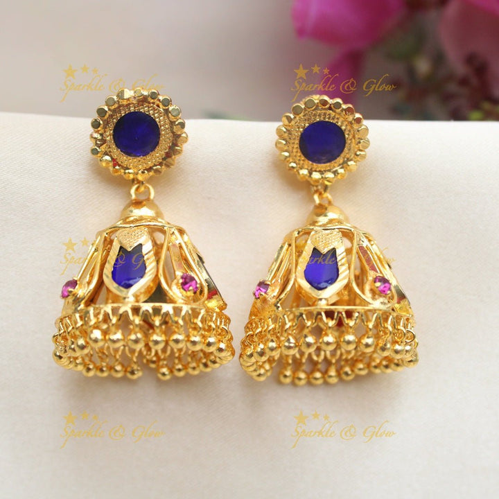 Stunning Kerala style Gold - alike Leaf Jhumka - Sparkle and Glow - Royal Blue - 