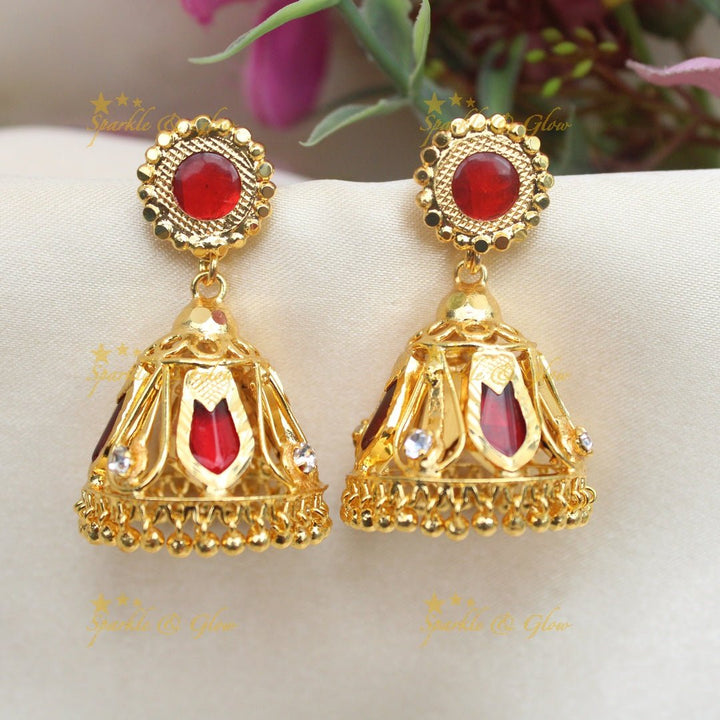 Stunning Kerala style Gold - alike Leaf Jhumka - Sparkle and Glow - Red - 