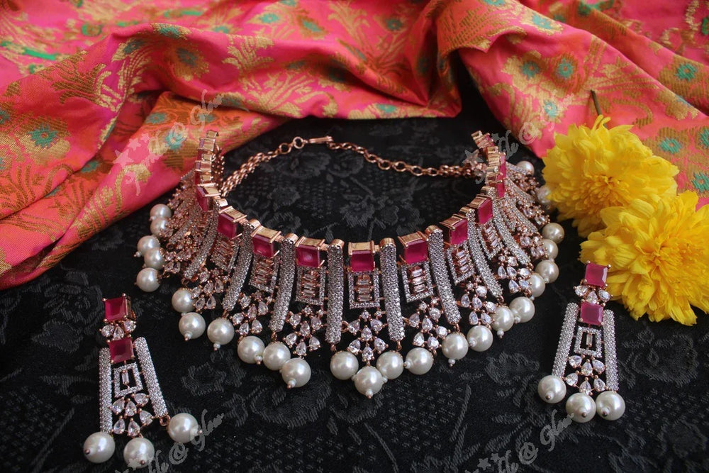 Premium Ad stones rose gold choker necklace - White - Sparkle and Glow