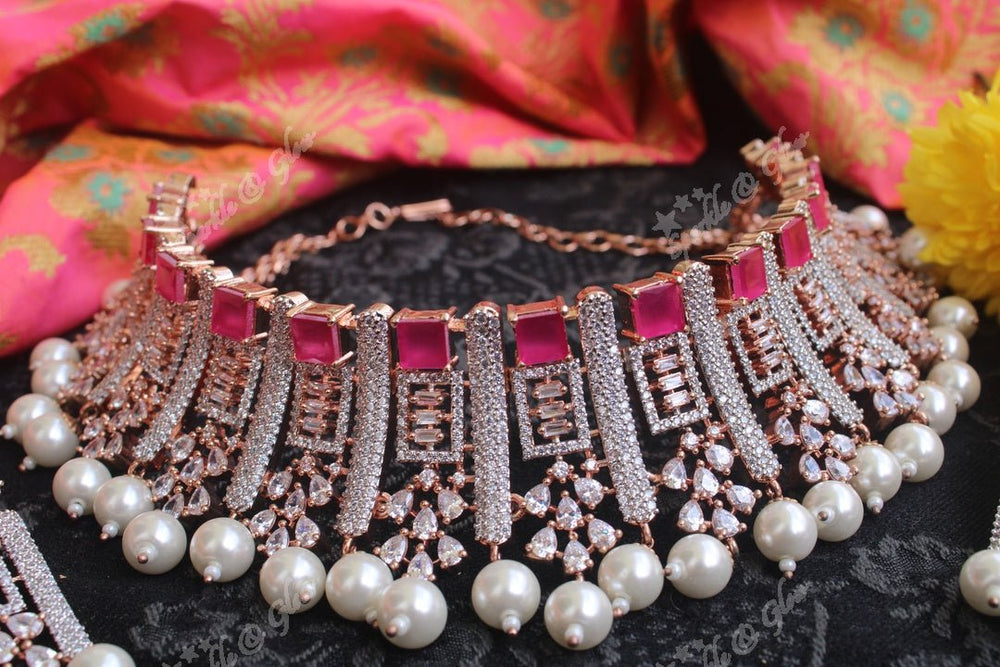Premium Ad stones rose gold choker necklace - Sparkle and Glow - Back Thread - 