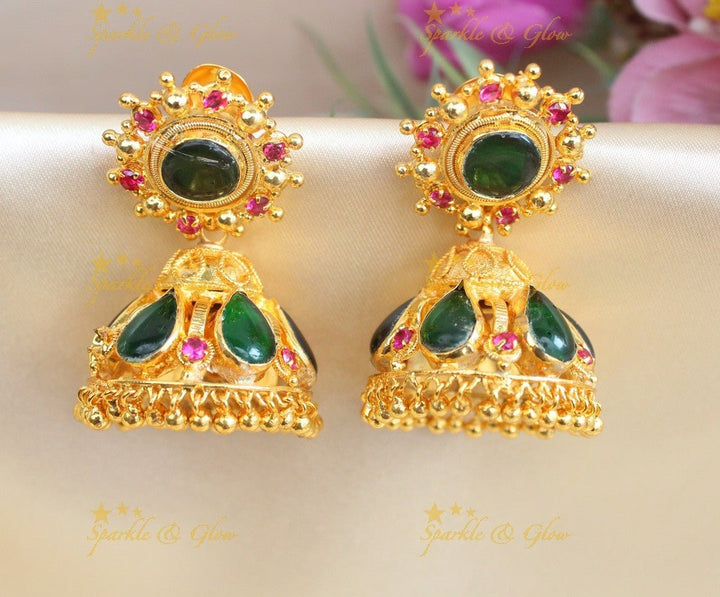 Elegant Kerala style Palaka Jhumka - Sparkle and Glow - Green - 